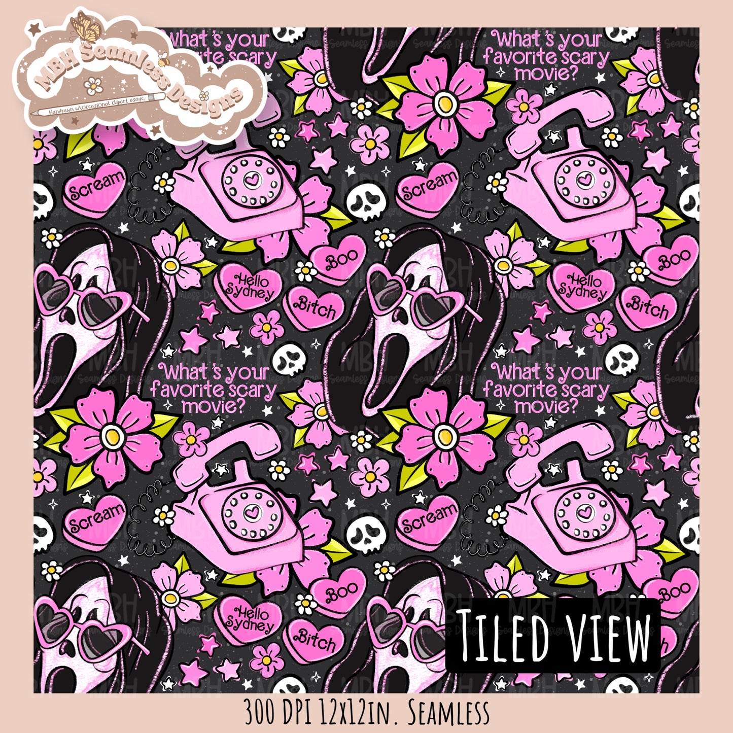Glitter Tattoo Floral x Ghostface Seamless Pattern // PNG //Multiple Colorway Options