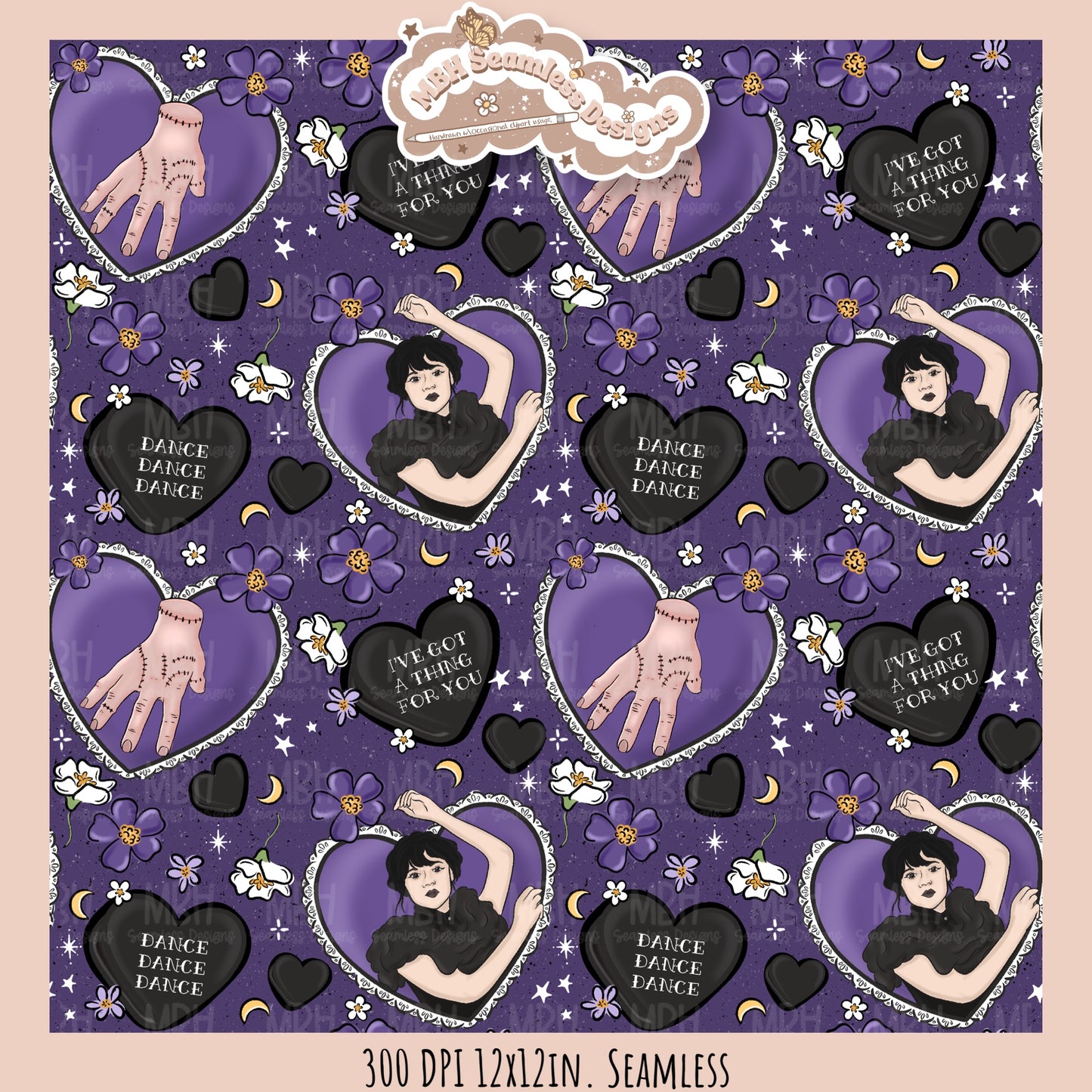 Wednesday Purple Tattoo Hearts Seamless Pattern // PNG // Assorted Colorways