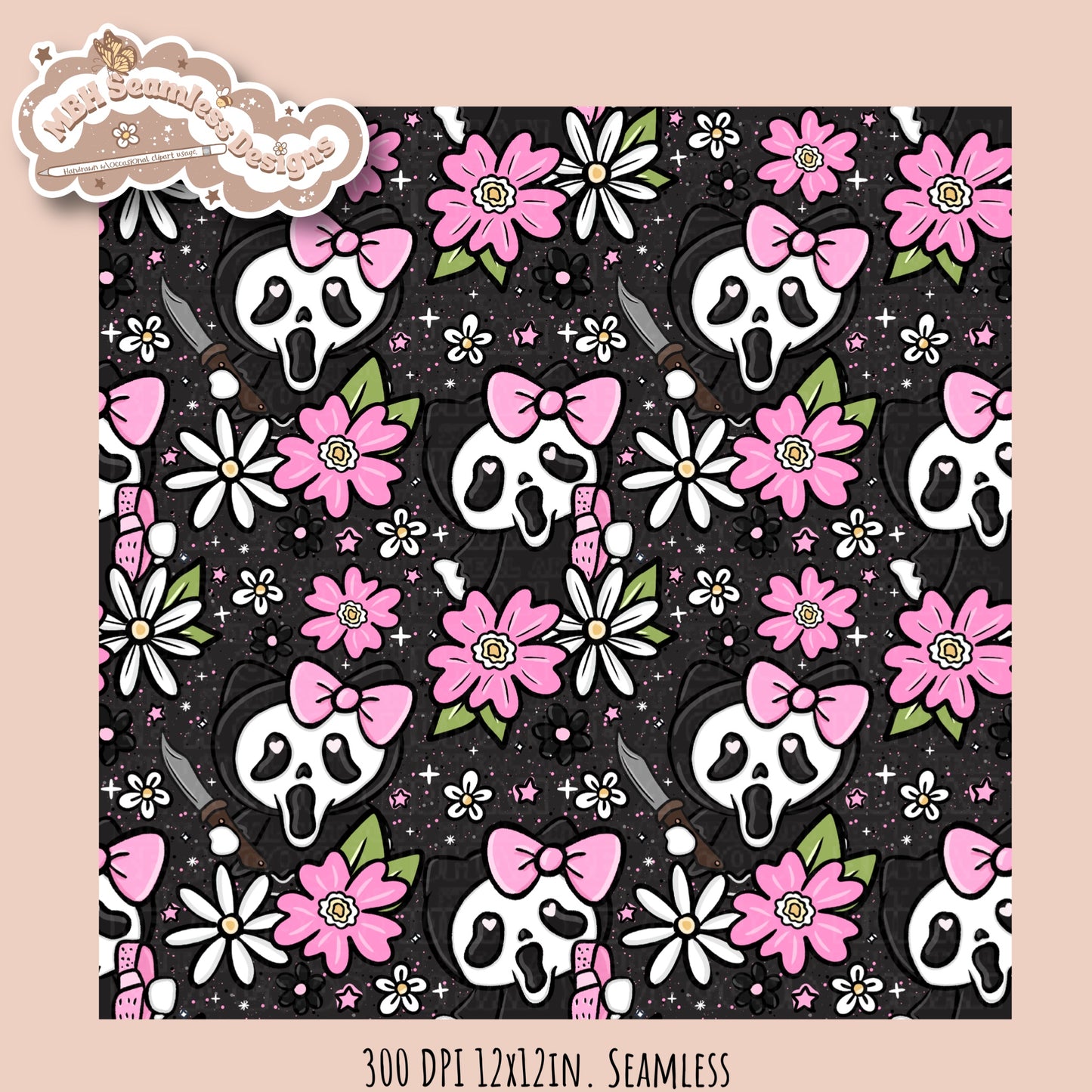 HK X Scream Tattoo Floral Seamless Pattern // PNG // Multiple Colorway Options