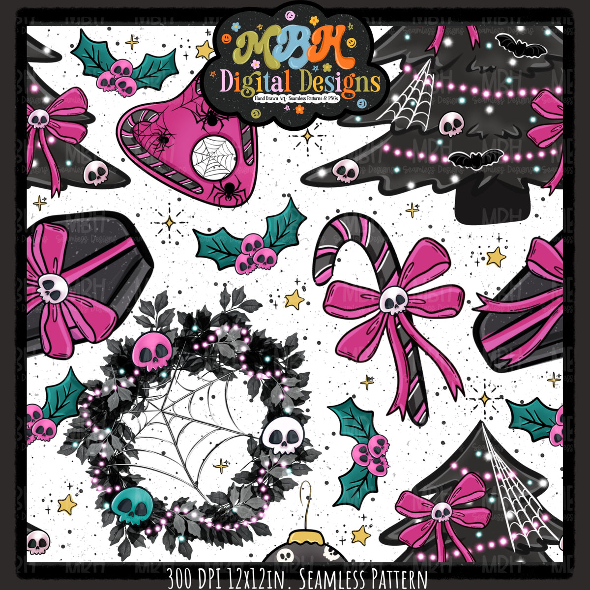 Creepy Christmas Skulls Seamless Pattern // PNG // MULTIPLE COLORWAYS