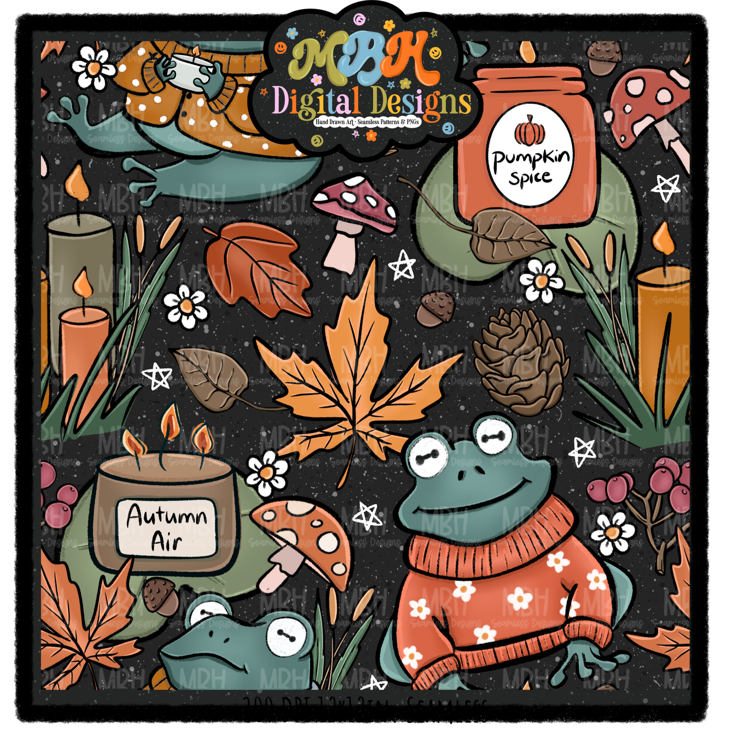 Cozy Fall Frogs Seamless Pattern // PNG // MULTIPLE COLORWAYS