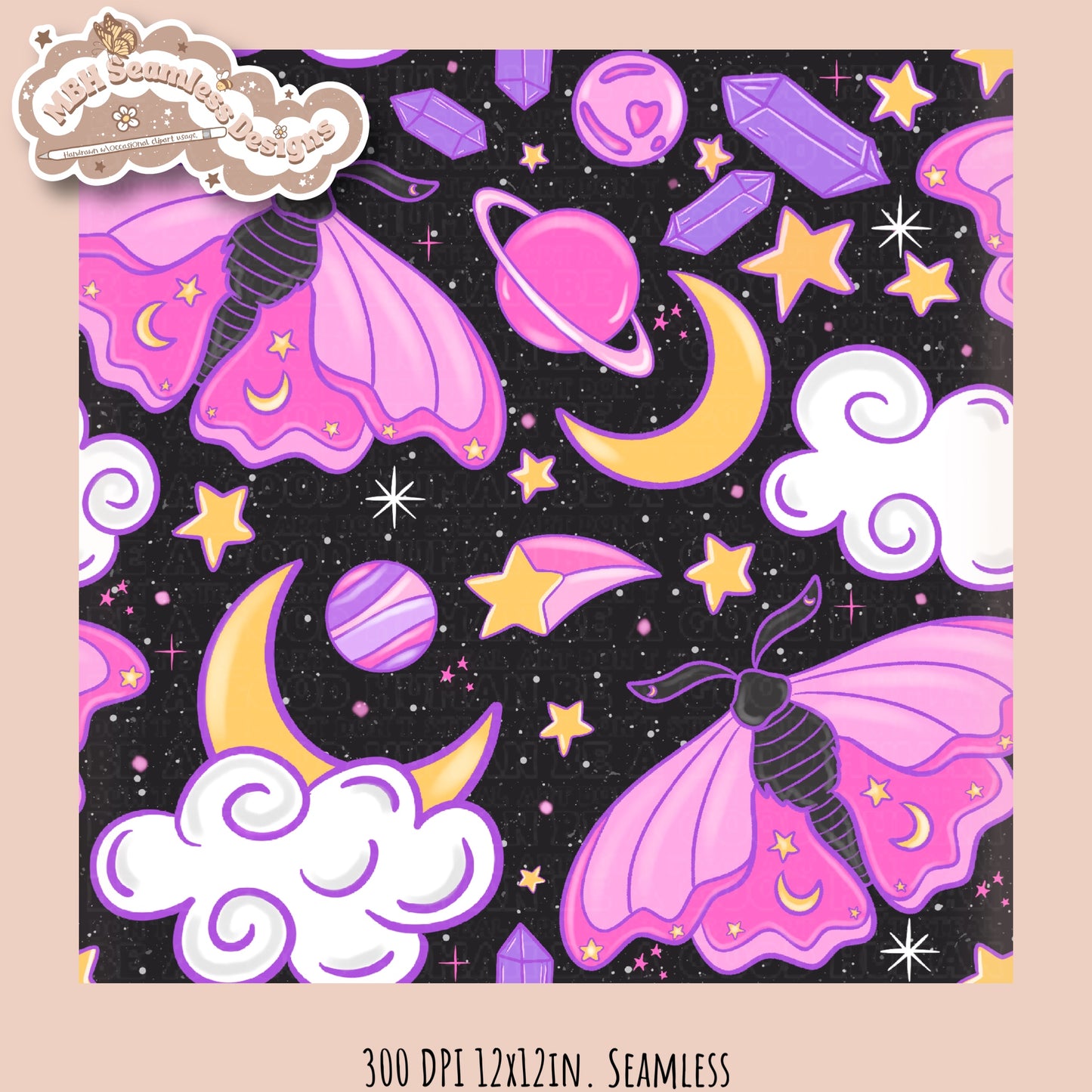 Galaxy Moths Seamless Pattern Multiple Colorways