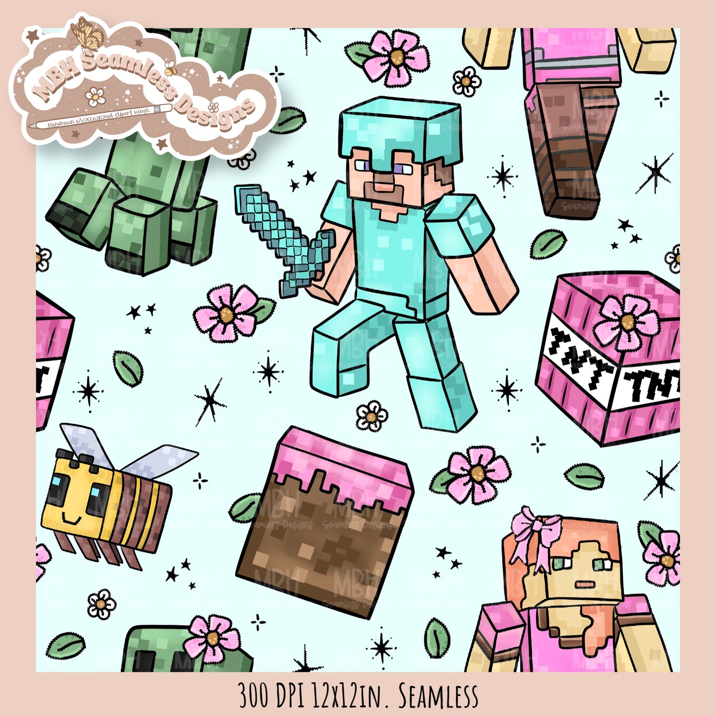 Girly Minecraft Seamless Pattern MULTIPLE COLORWAYS