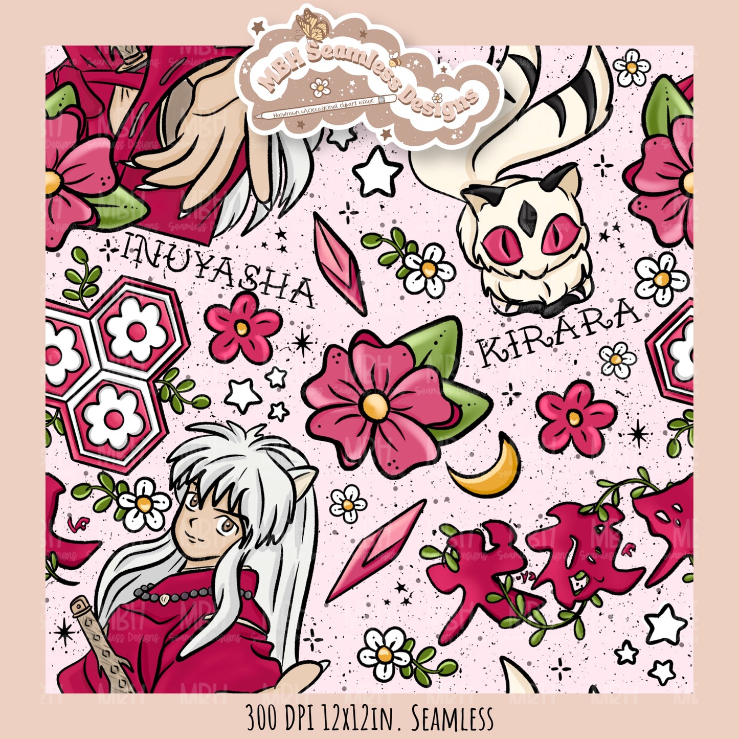InuYasha Kirara Floral Seamless Pattern // PNG // MULTIPLE COLORWAY OPTIONS