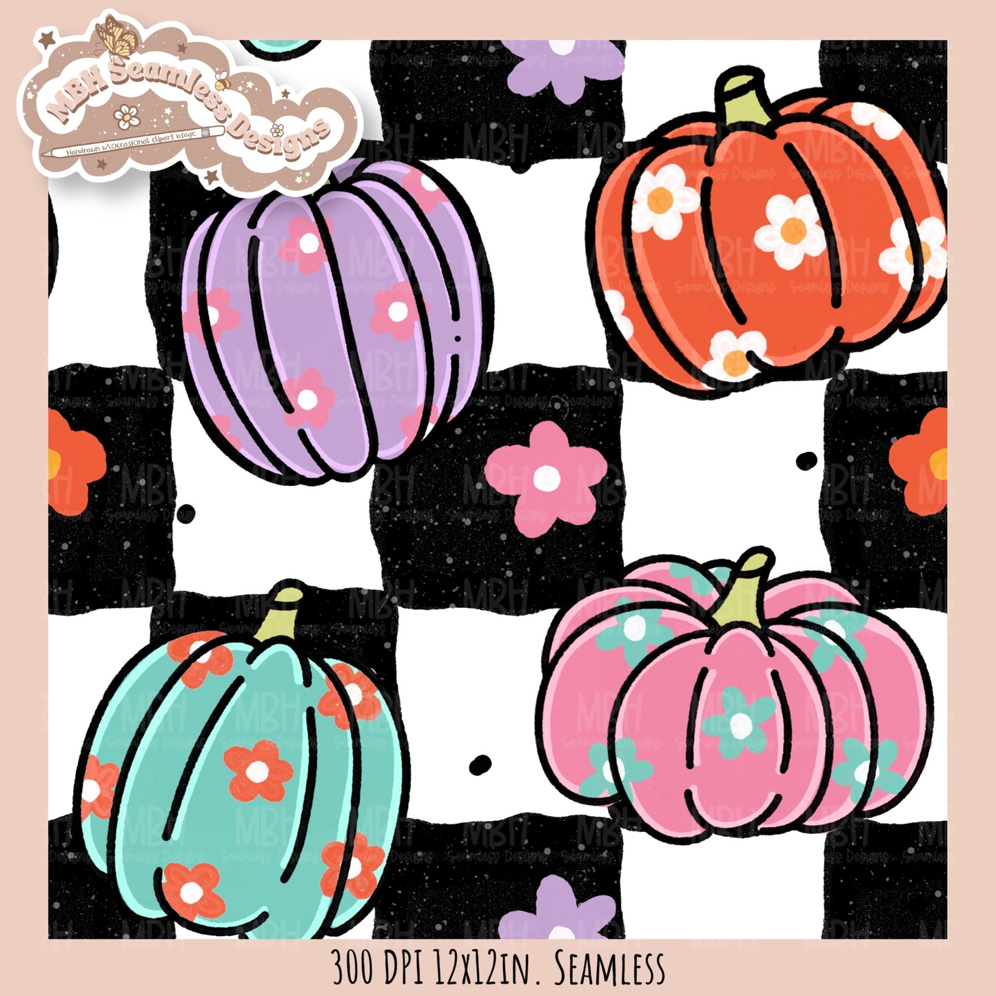 Daisy Pumpkins Seamless Pattern // Assorted Colorway Options
