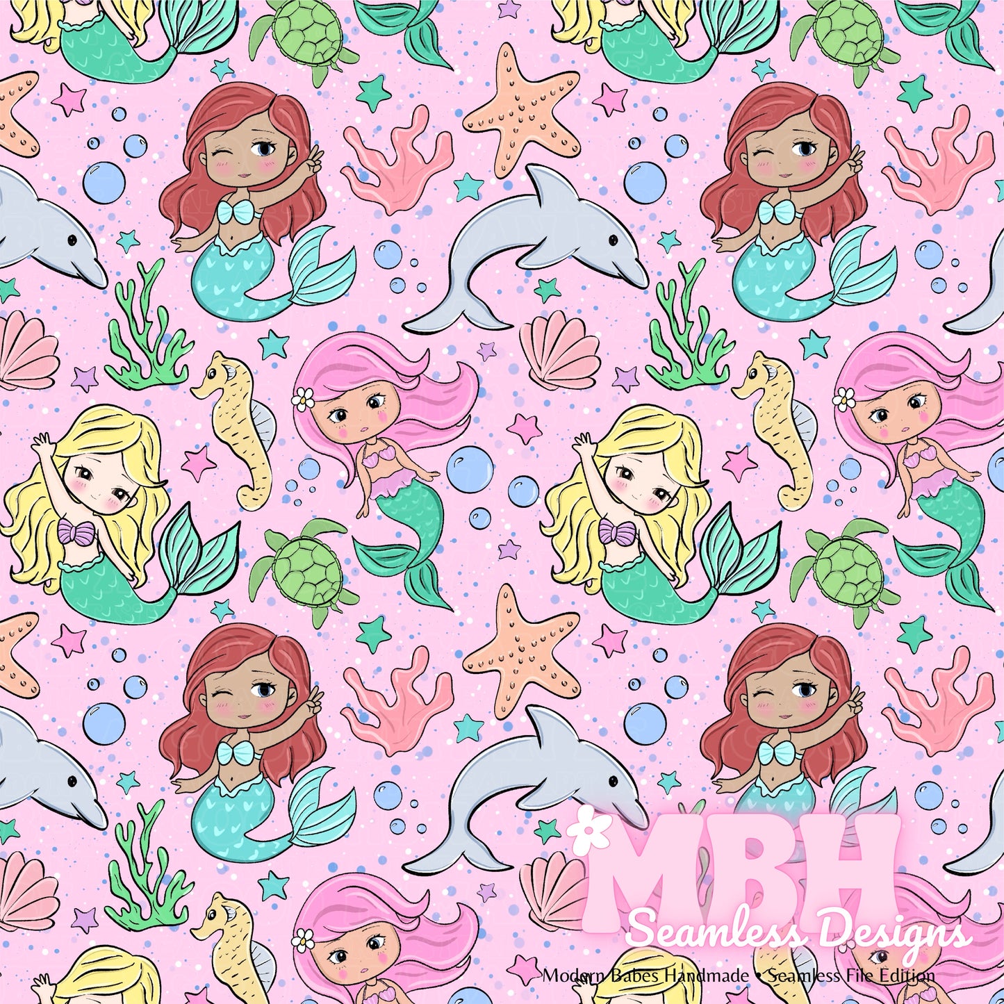 Chibi Mermaids Seamless Pattern MULTIPLE COLORWAYS