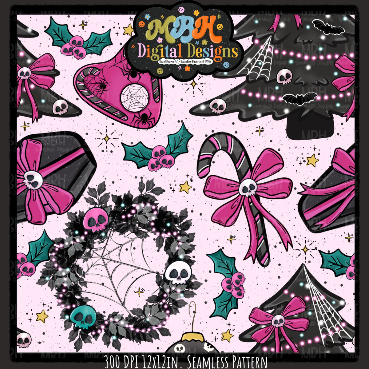Creepy Christmas Skulls Seamless Pattern // PNG // MULTIPLE COLORWAYS