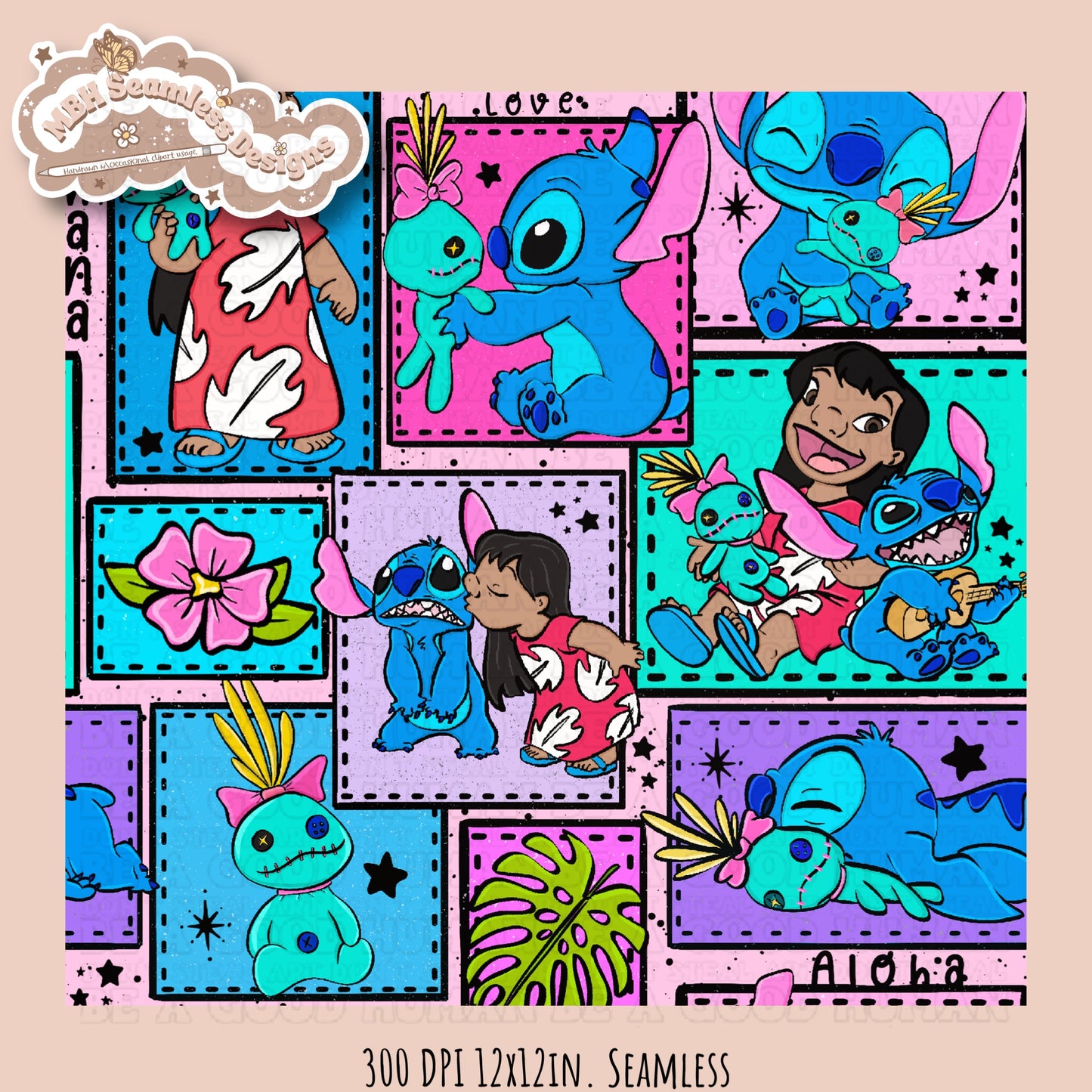 Lilo Stitch Scrump Patchwork Seamless Pattern Multiple Colorways