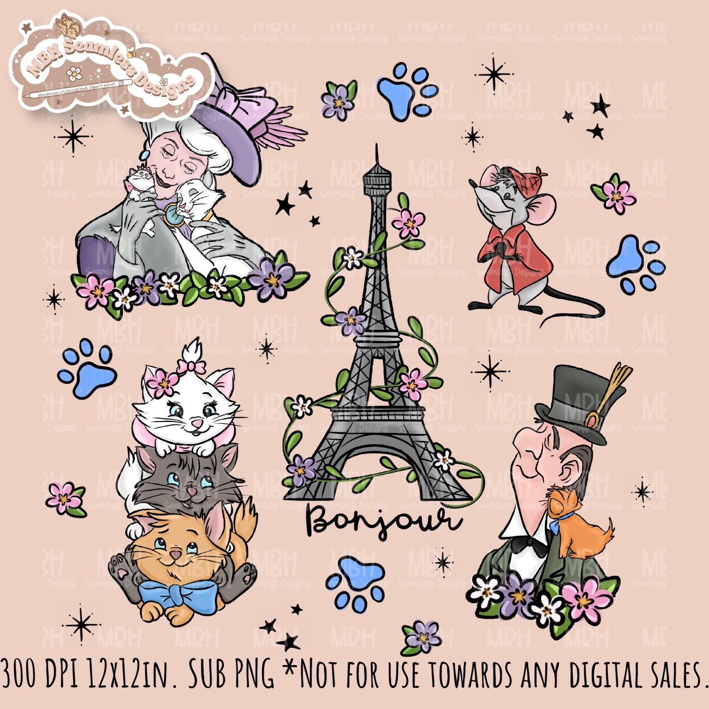 Floral Aristocats Seamless Pattern // PNG // Multiple Colorway Options