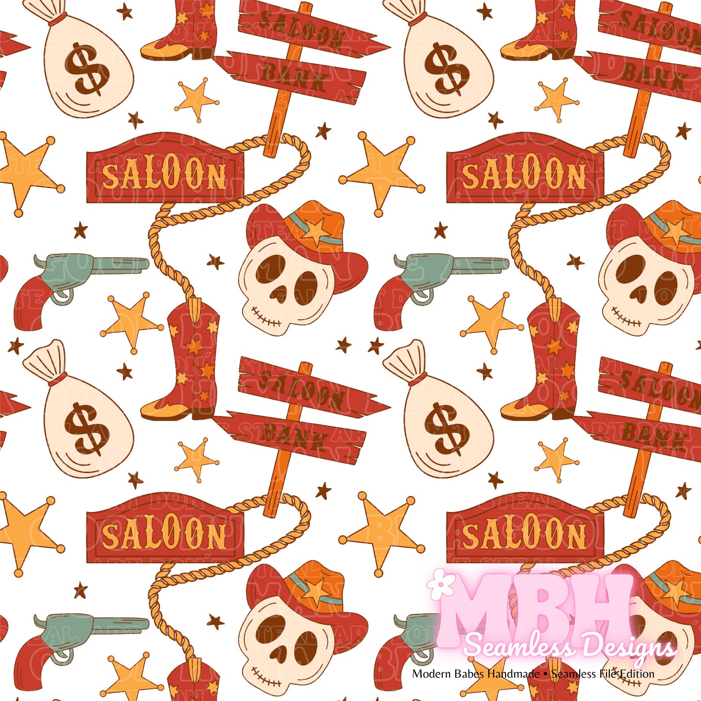 Groovy Cowboy Skull Seamless Pattern & PNG