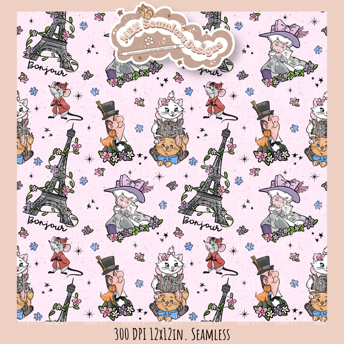 Floral Aristocats Seamless Pattern // PNG // Multiple Colorway Options