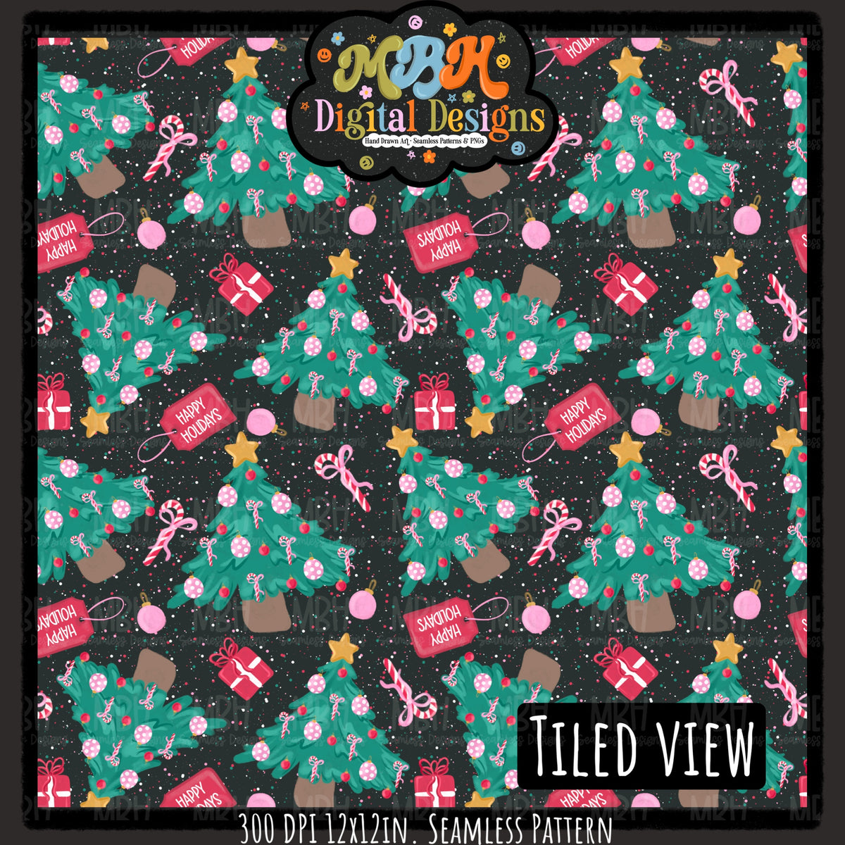 Happy Holiday Trees Seamless Pattern // PNG // MULTIPLE COLORWAYS