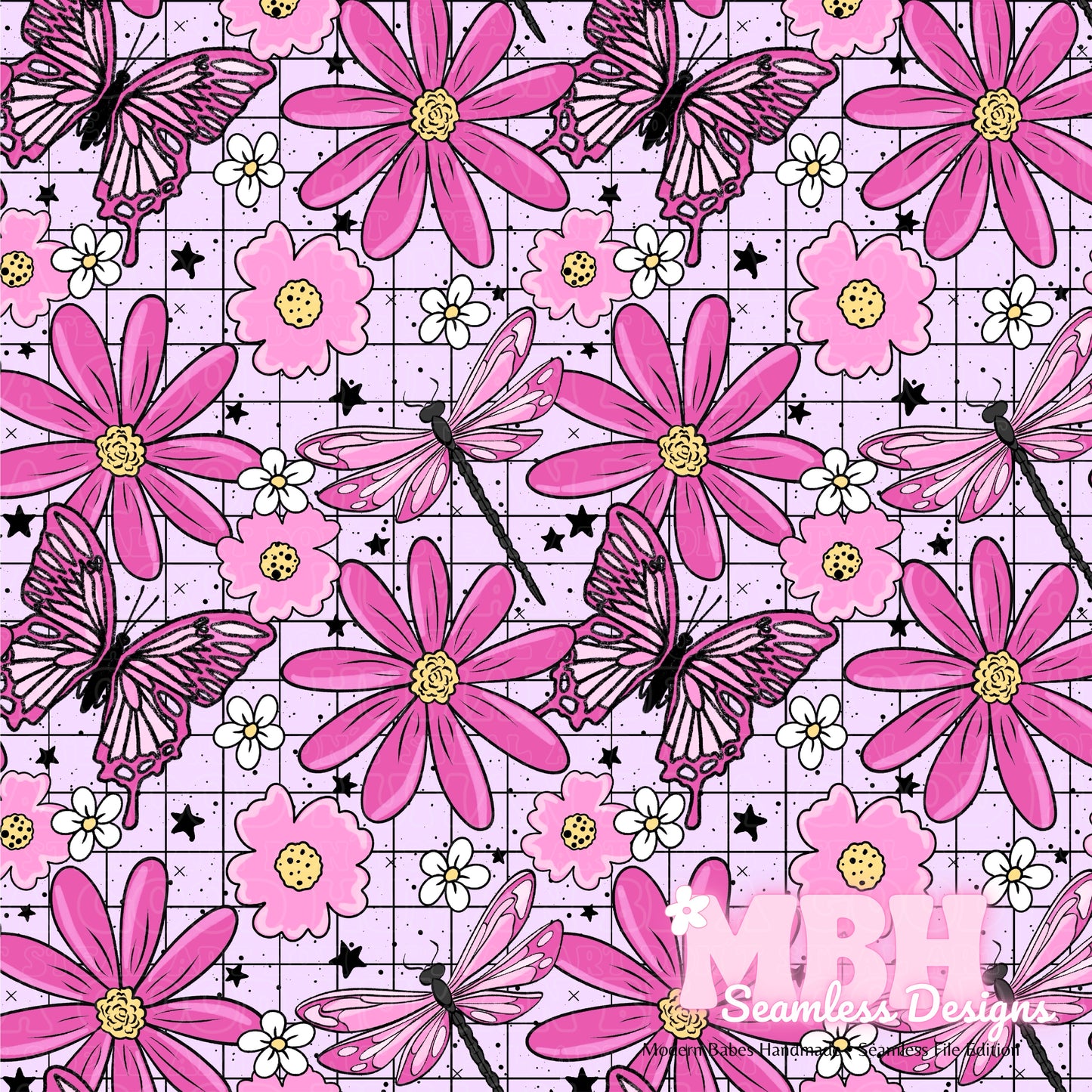 GRID Pink Butterfly Dragonfly Floral Seamless Pattern MULTIPLE COLORWAYS and COORDS