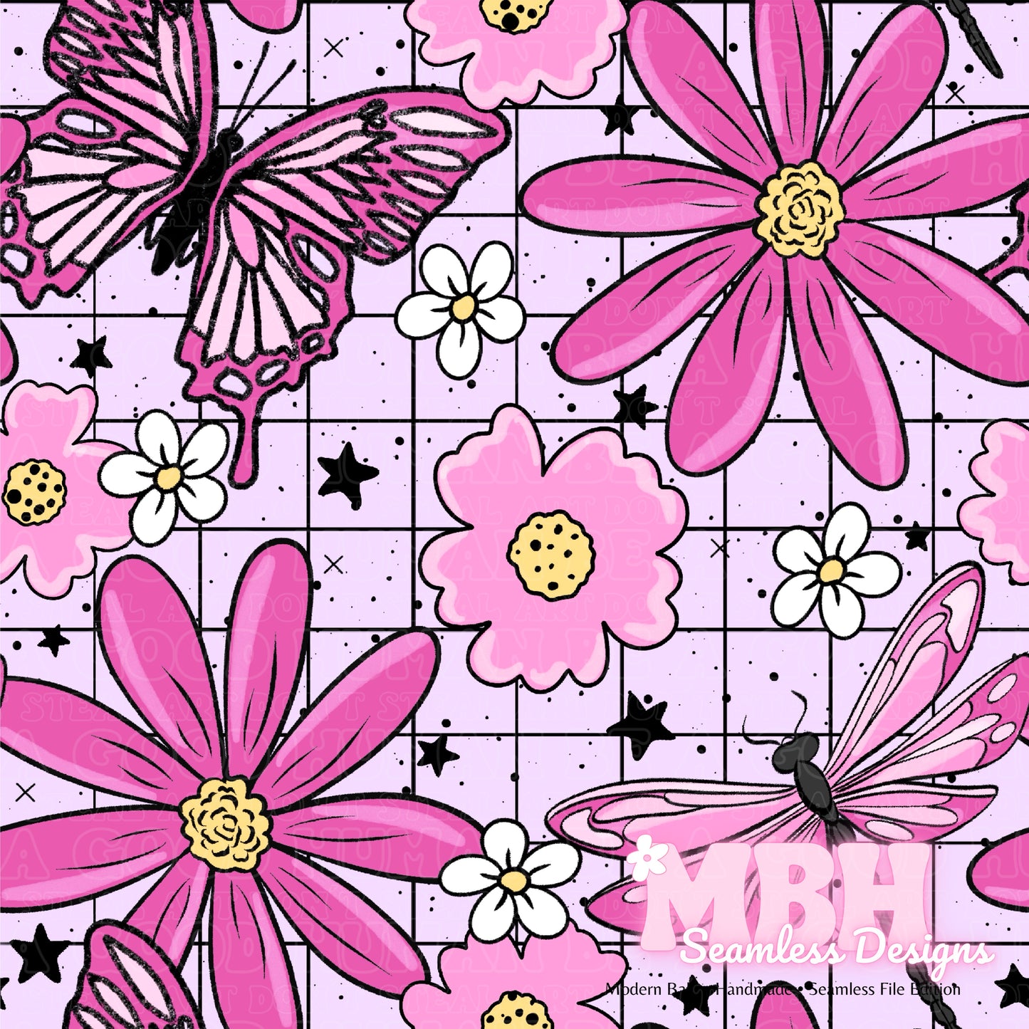 GRID Pink Butterfly Dragonfly Floral Seamless Pattern MULTIPLE COLORWAYS and COORDS