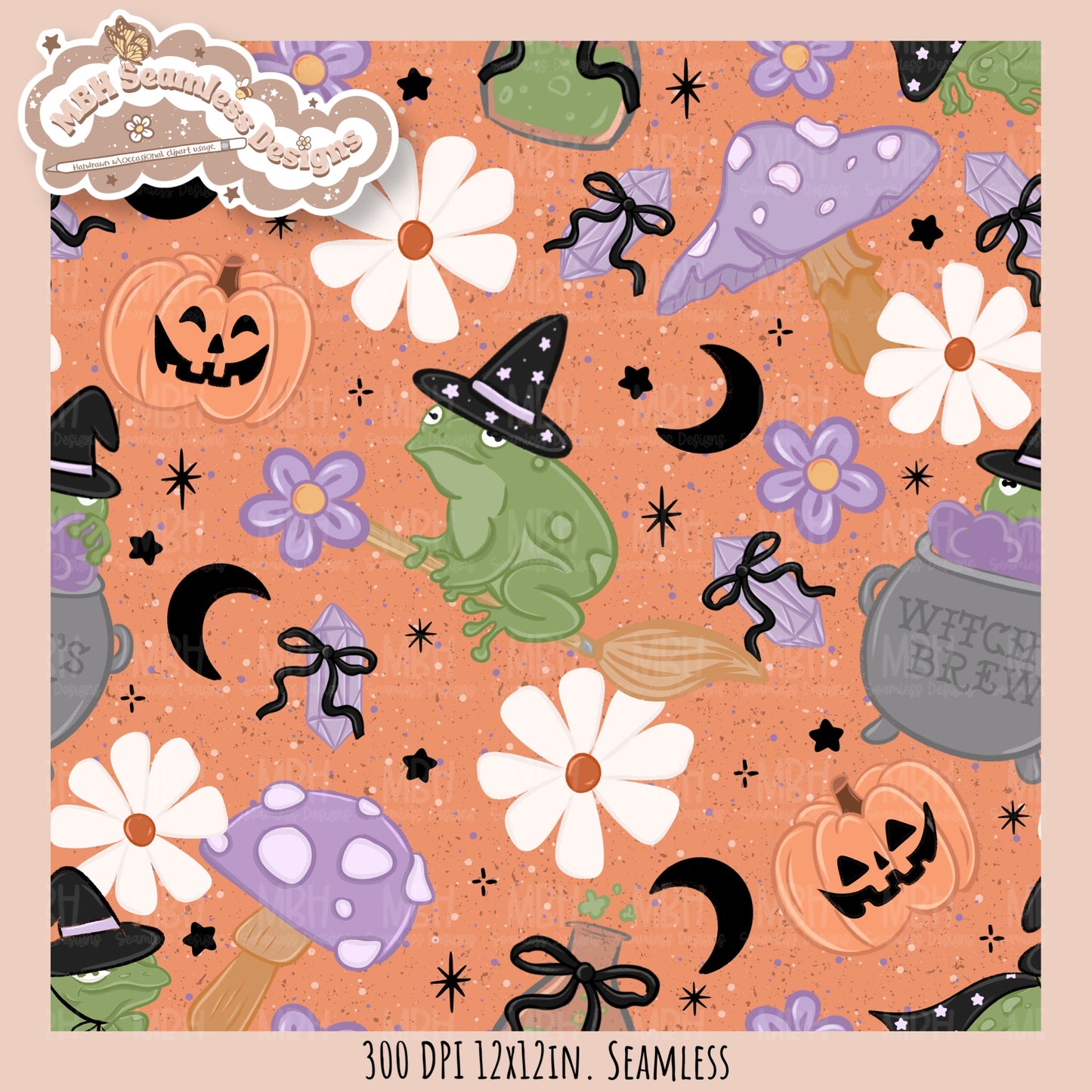 Coquette Witchy Frogs Seamless Pattern•PNG•Multiple Colorways