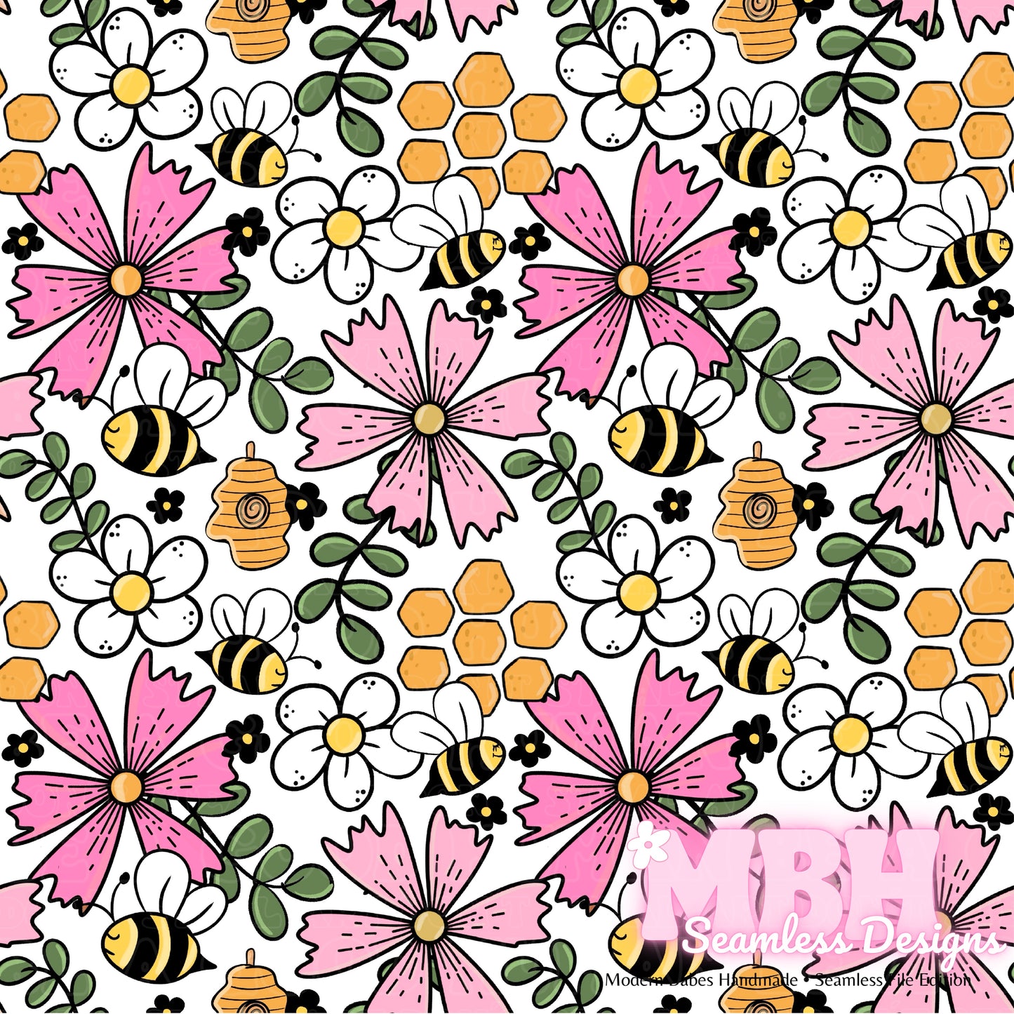 Pink Floral Bees MULTIPLE COLORWAYS Seamless Pattern