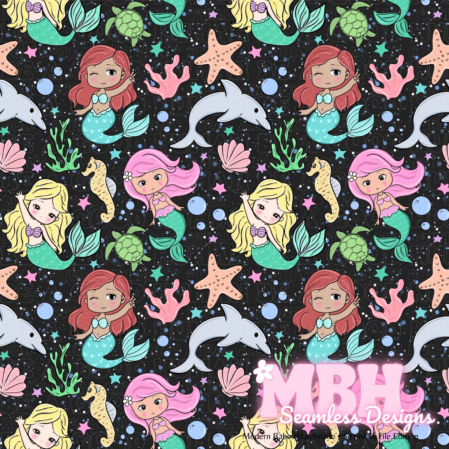 Chibi Mermaids Seamless Pattern MULTIPLE COLORWAYS