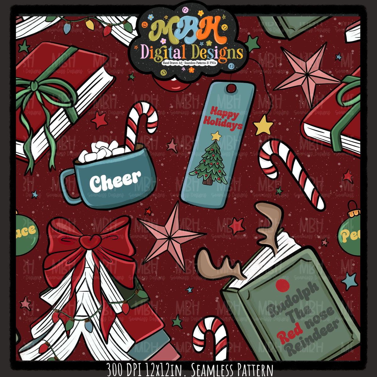 Moody Bookish Christmas Seamless Pattern // MULTIPLE COLORWAYS