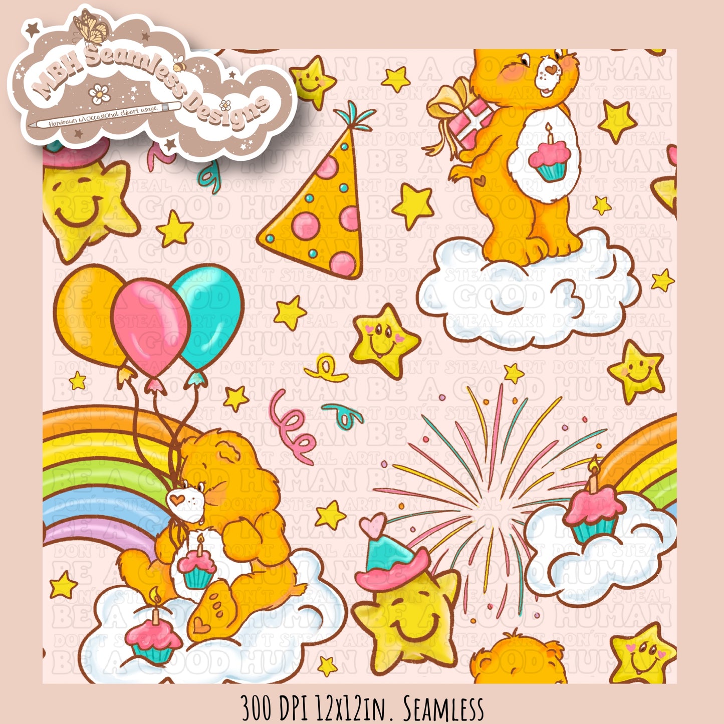 Birthday Care Bear Seamless Pattern & PNG MULTIPLE COLORWAY OPTIONS