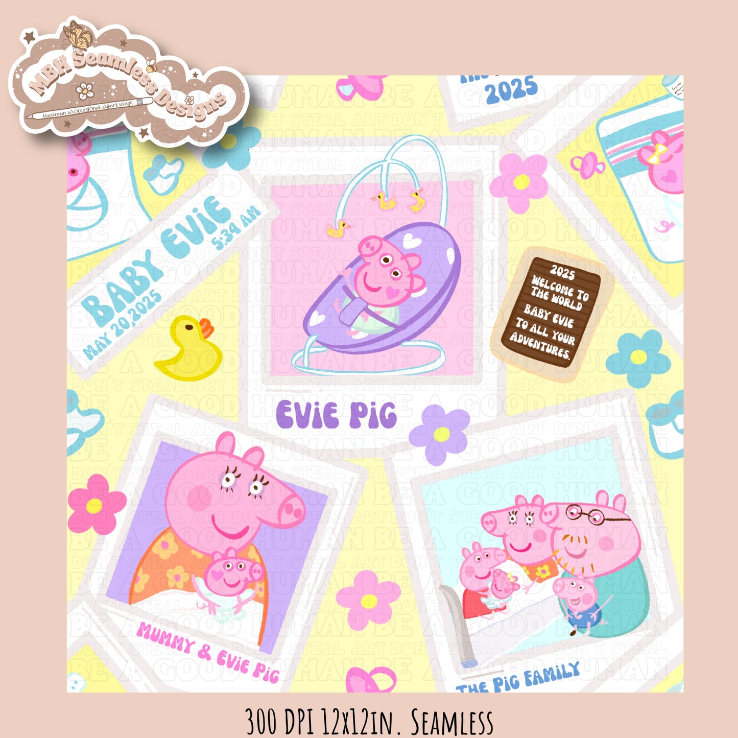 Evie Pig Polaroids Seamless Pattern • Multiple Colorway Options