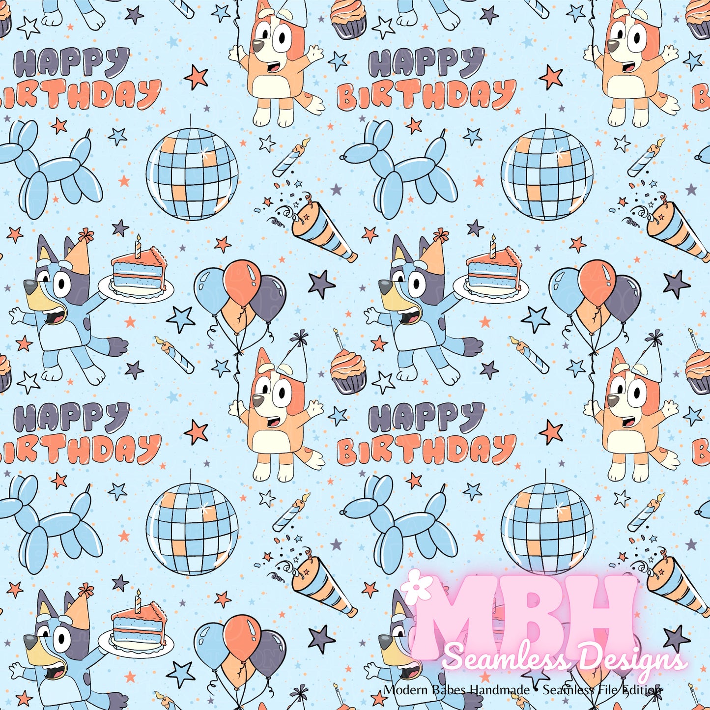 Heeler Disco Birthday MULTIPLE COLORWAYS Seamless Pattern