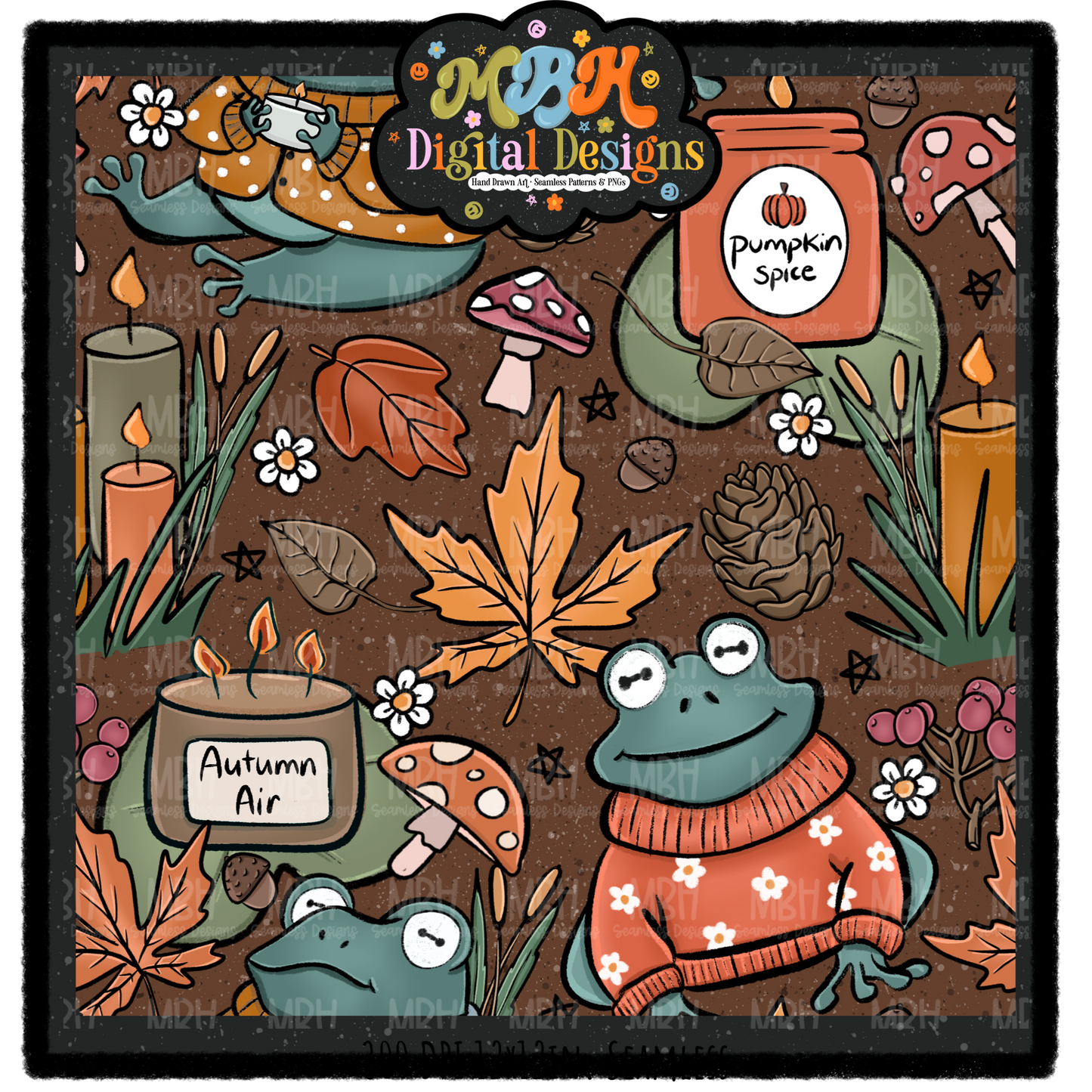 Cozy Fall Frogs Seamless Pattern // PNG // MULTIPLE COLORWAYS