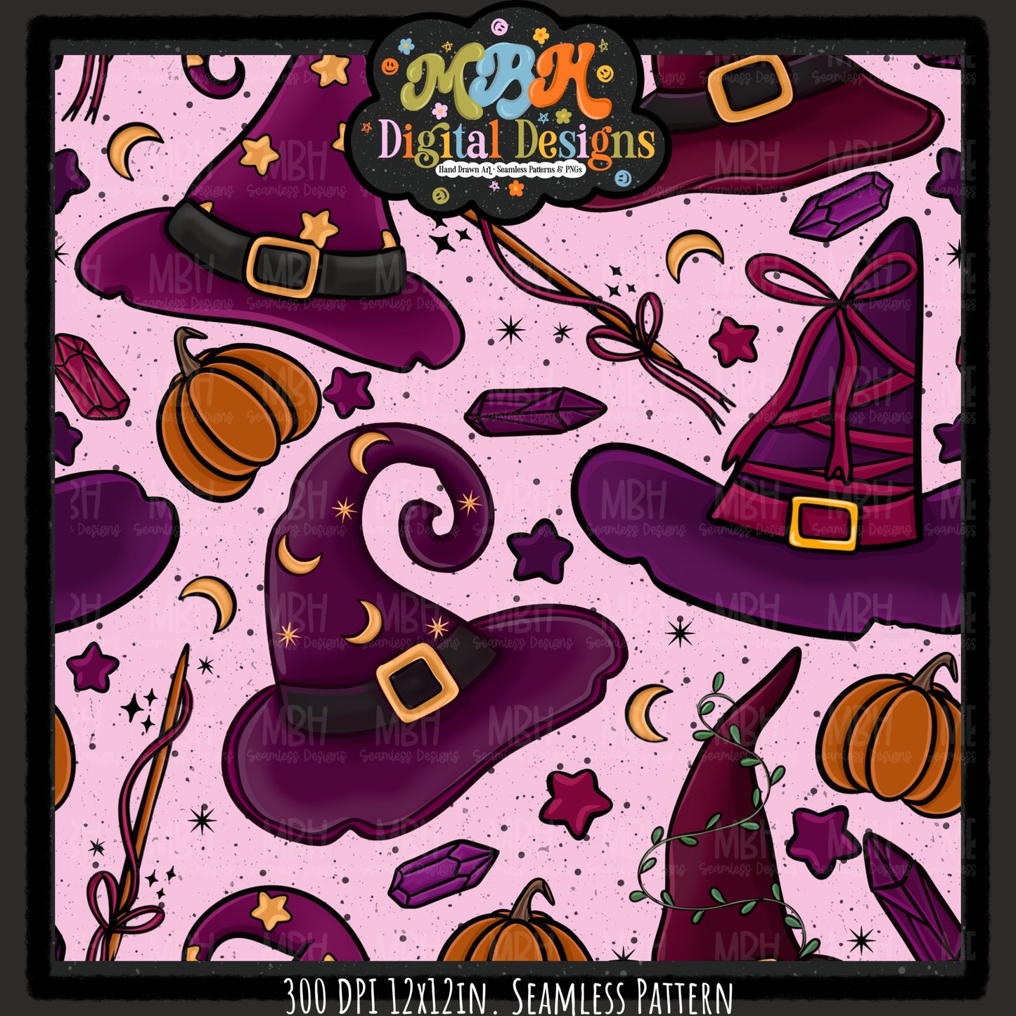 Witch Hats and Pumpkins Seamless Pattern // PNG // MULTIPLE COLORWAYS