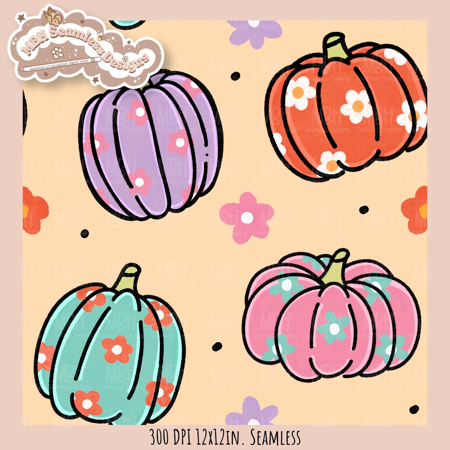 Daisy Pumpkins Seamless Pattern // Assorted Colorway Options