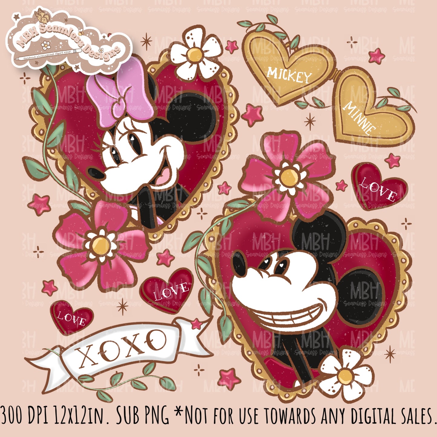 Tattoo FloralMouse Hearts Seamless Pattern // PNG //Multiple Colorways
