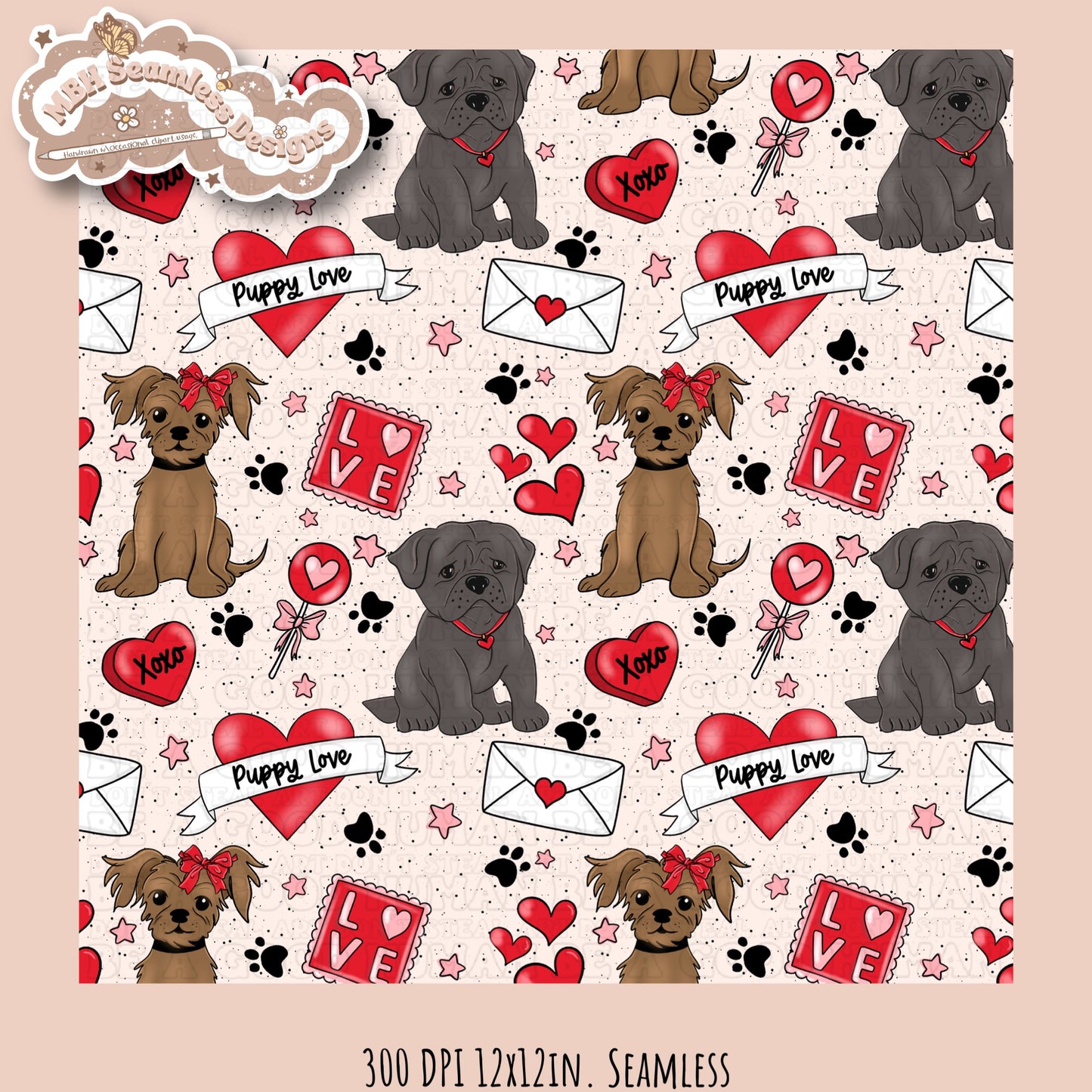 Puppy Love Valentine Seamless Pattern Multiple Colorway Options