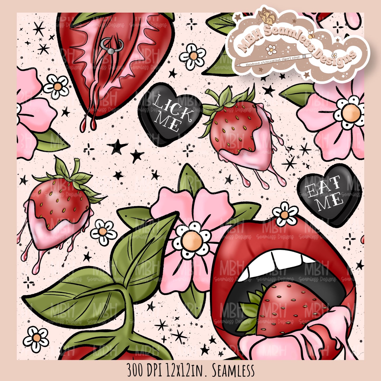 Dirty Tattoo Strawberries Seamless Pattern // PNG // ASSORTED COLORWAYS Seamless Pattern (Copy)