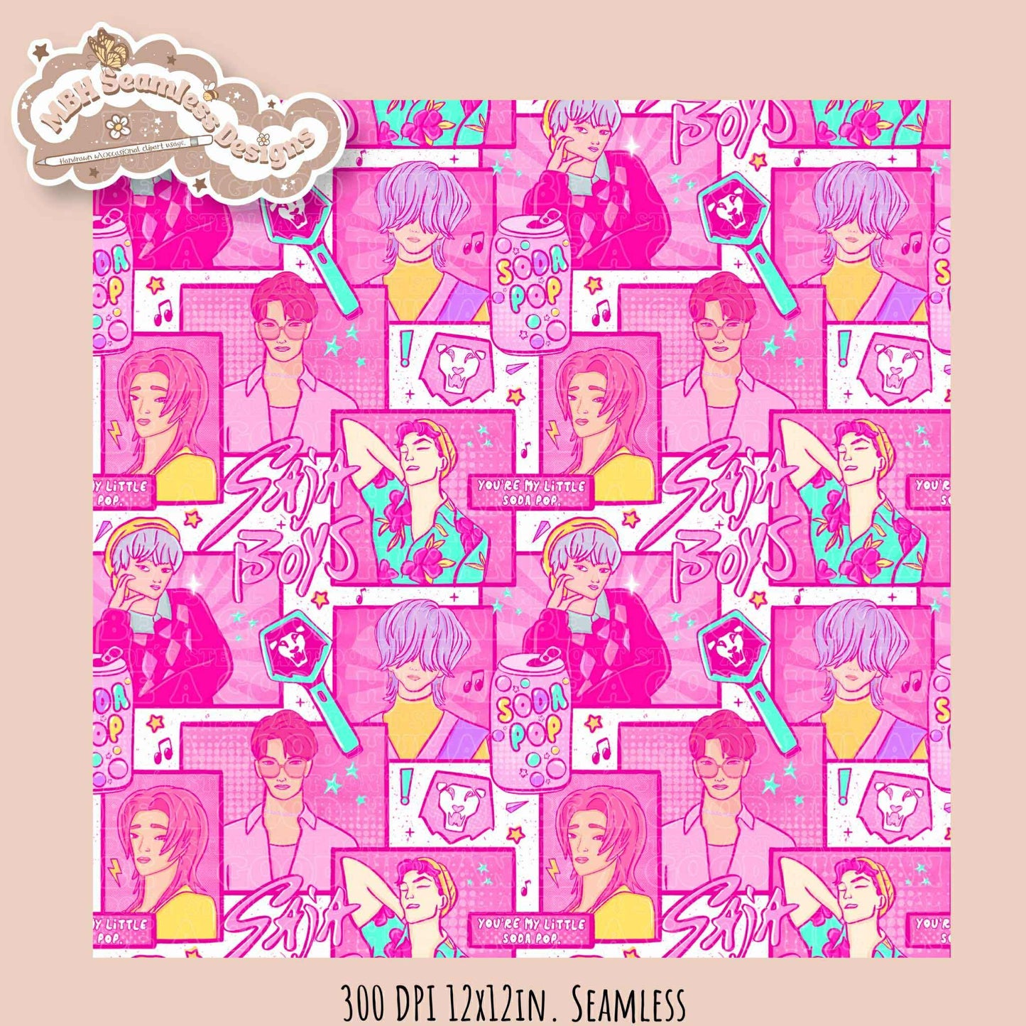 Pink Comic Soda Pop Boys Seamless Pattern // Assorted Colorway Options