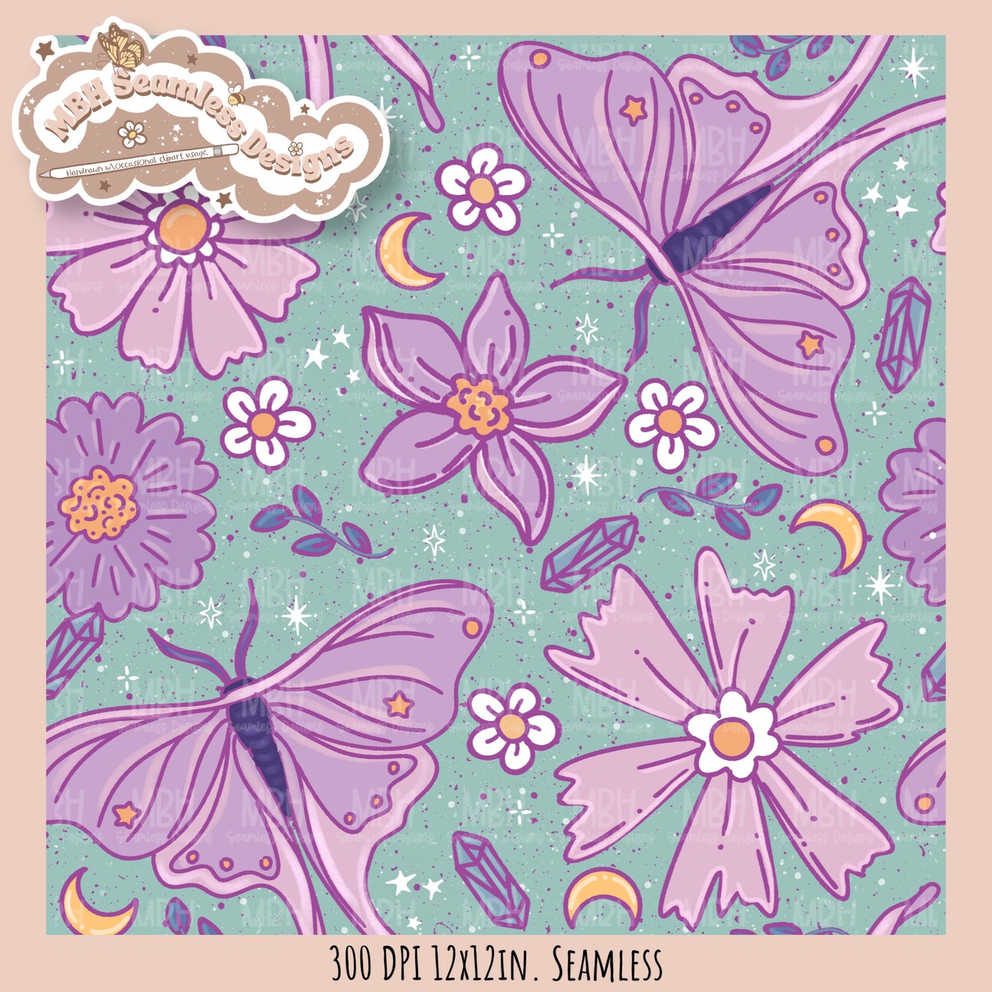 Starry Night Floral Luna Moths Seamless Pattern // PNG//  MULTIPLE COLORWAYS
