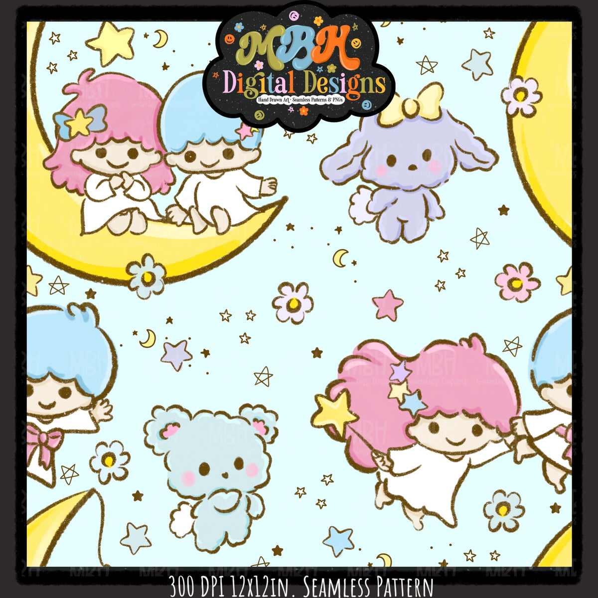 Little Twin Stars Seamless Pattern // PNG // Assorted Colorways