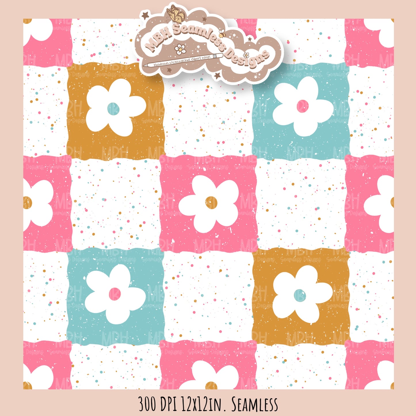 Retro Checkered Flowers Seamless Pattern // Two Options