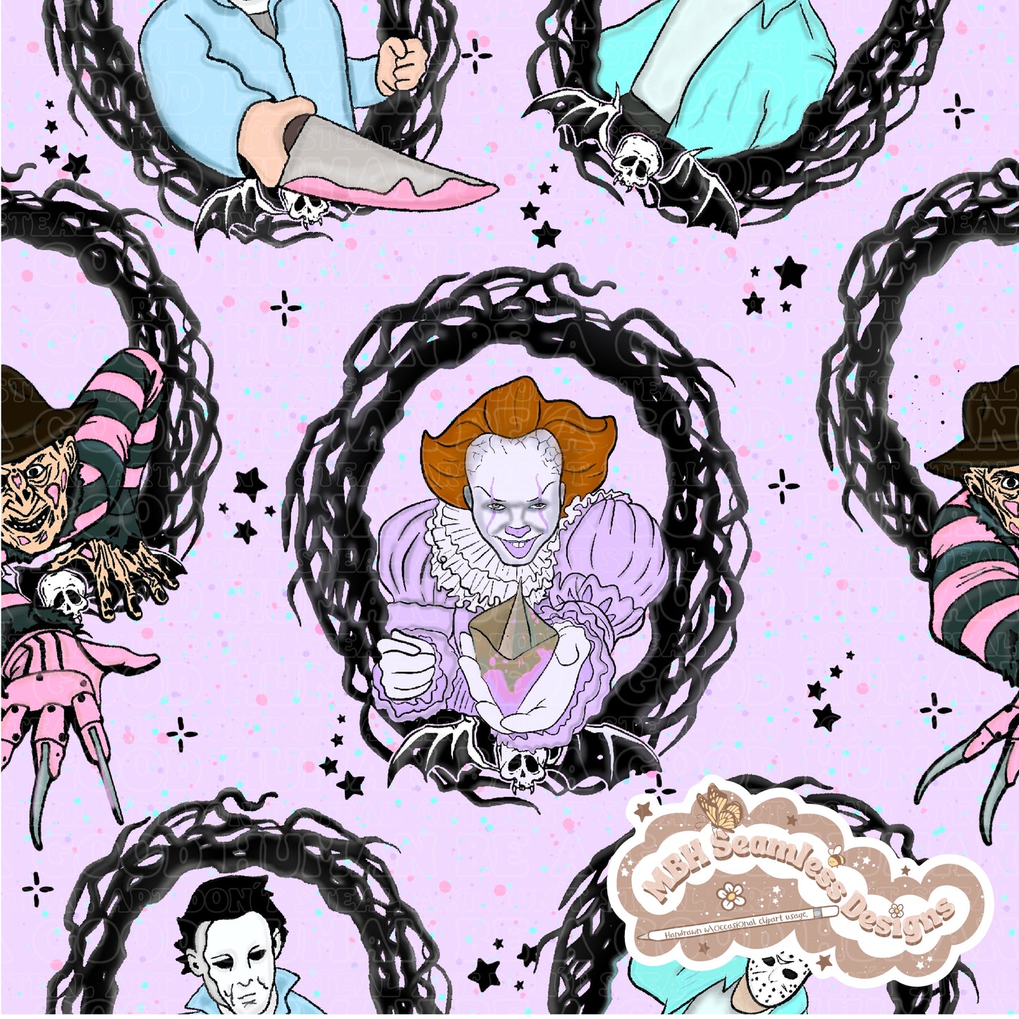 Pastel Horror Mashup Frames Seamless Pattern Multiple Colorways