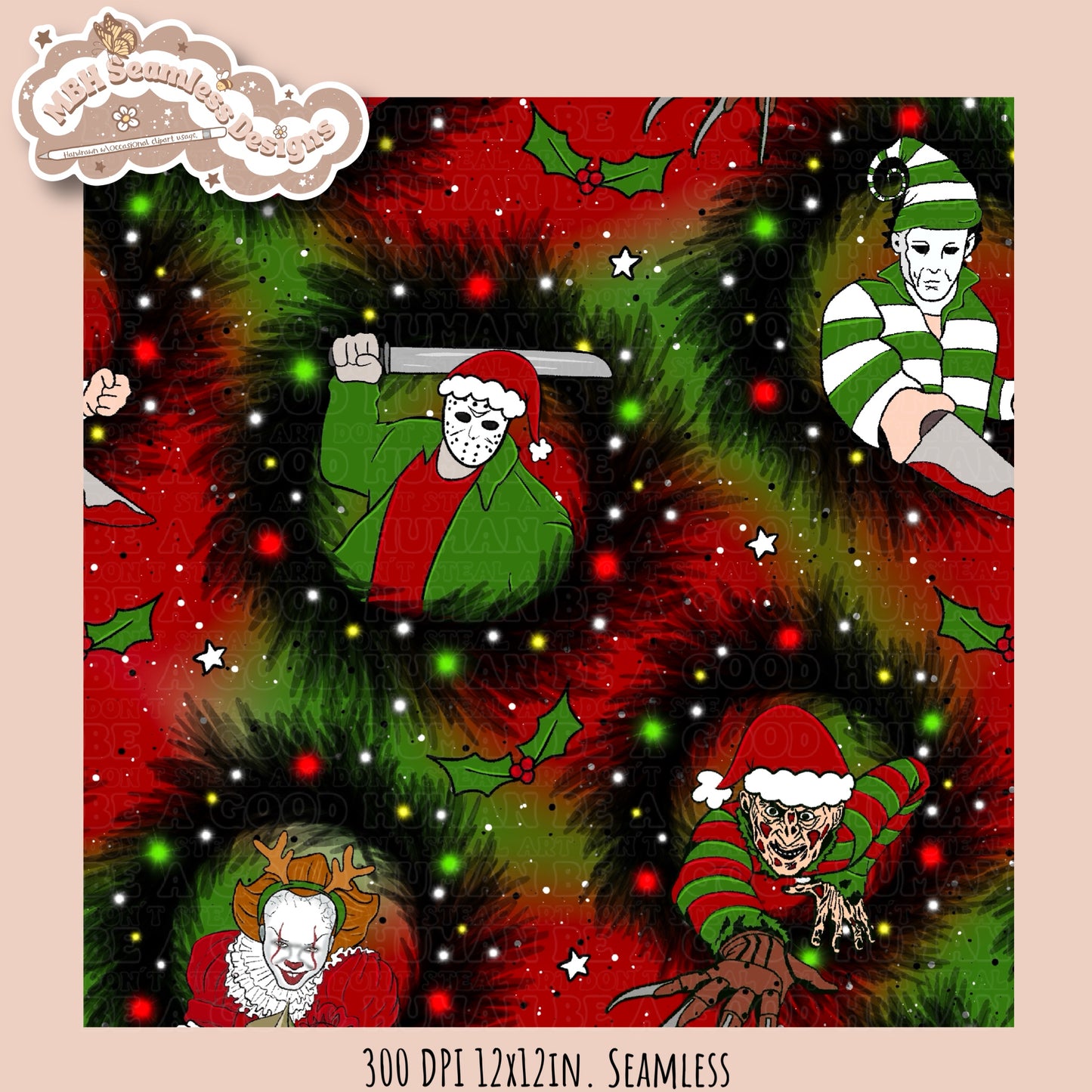 Christmas Horror Mashup Seamless Pattern MULTIPLE COLORWAY OPTIONS