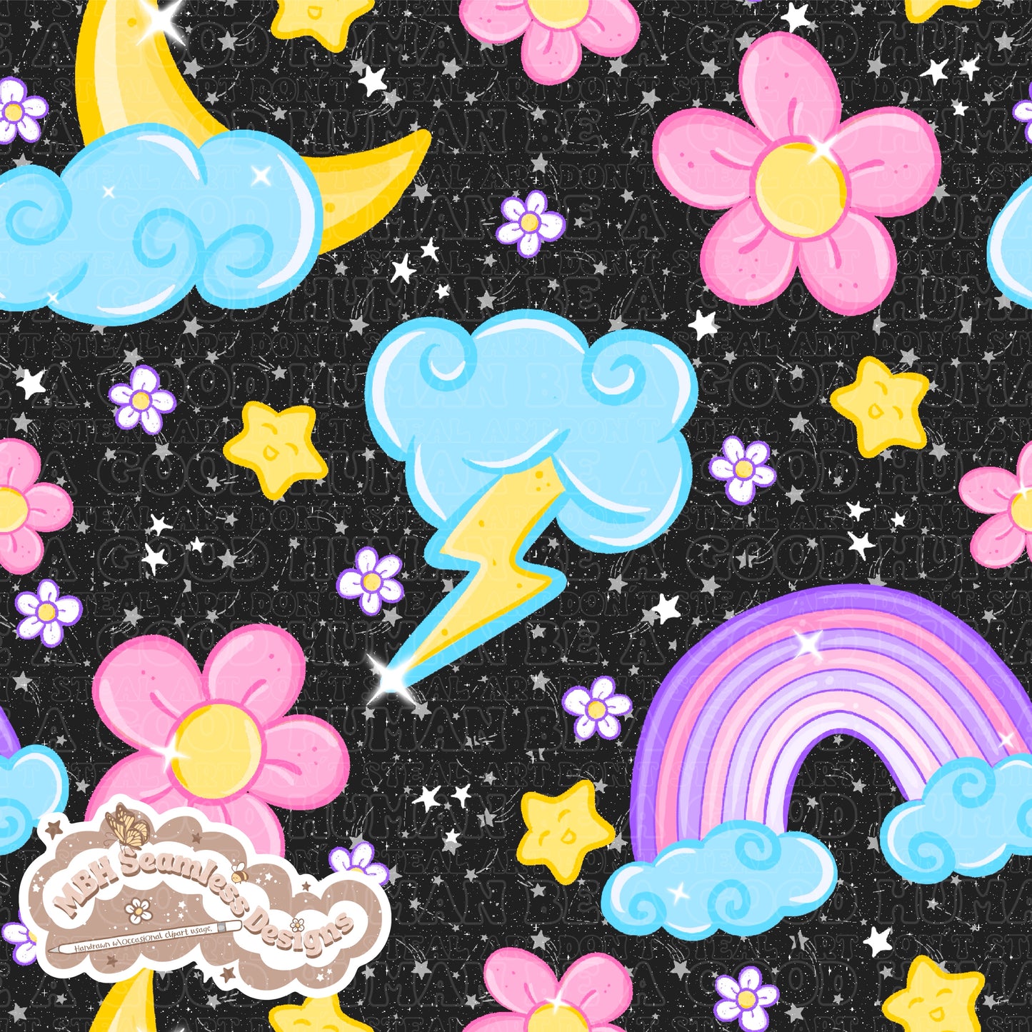 Starry Floral Rainbow Skies Seamless Pattern MULTIPLE COLORWAYS