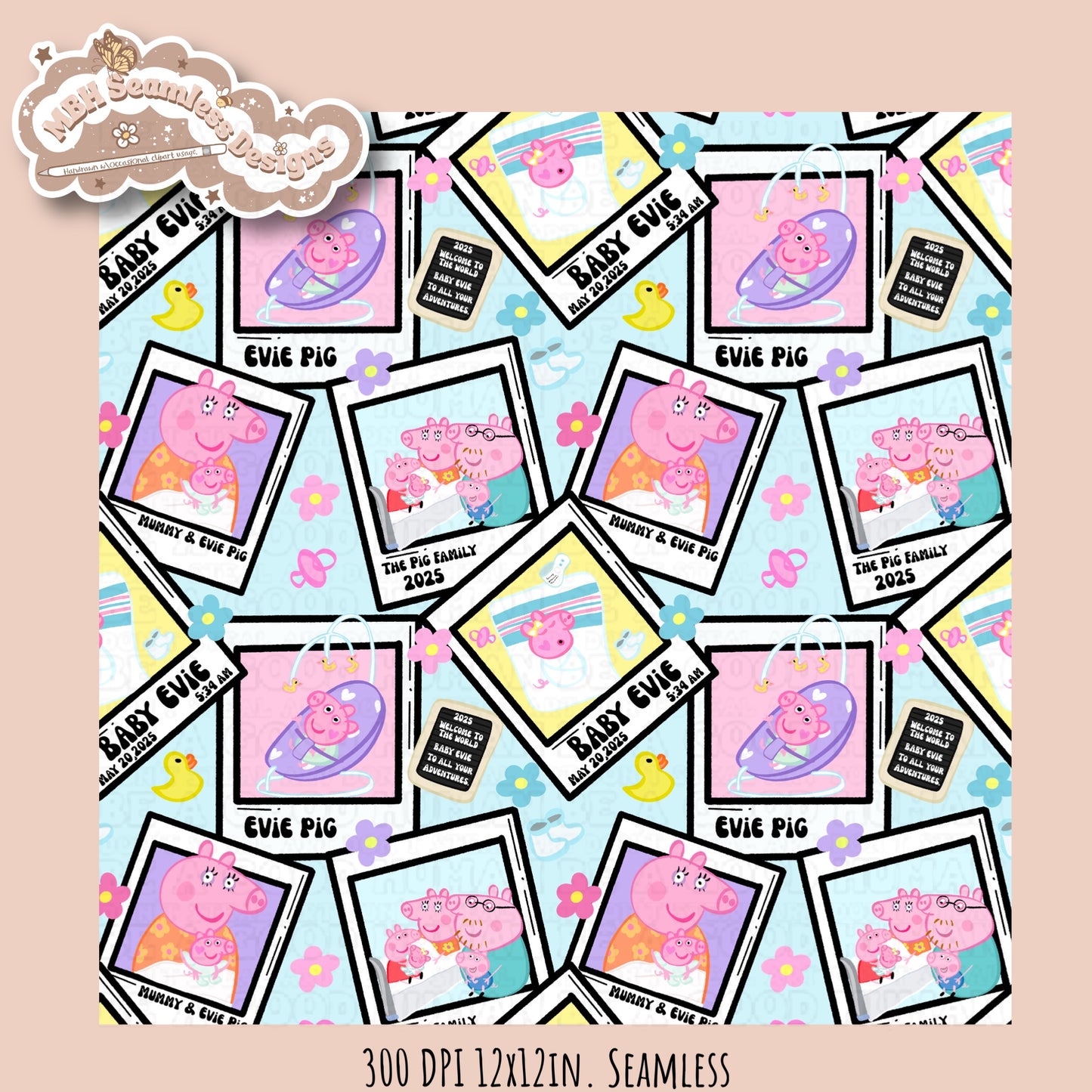 Black Outline Evie Pig Polaroids Seamless Pattern • Multiple Colorway Options