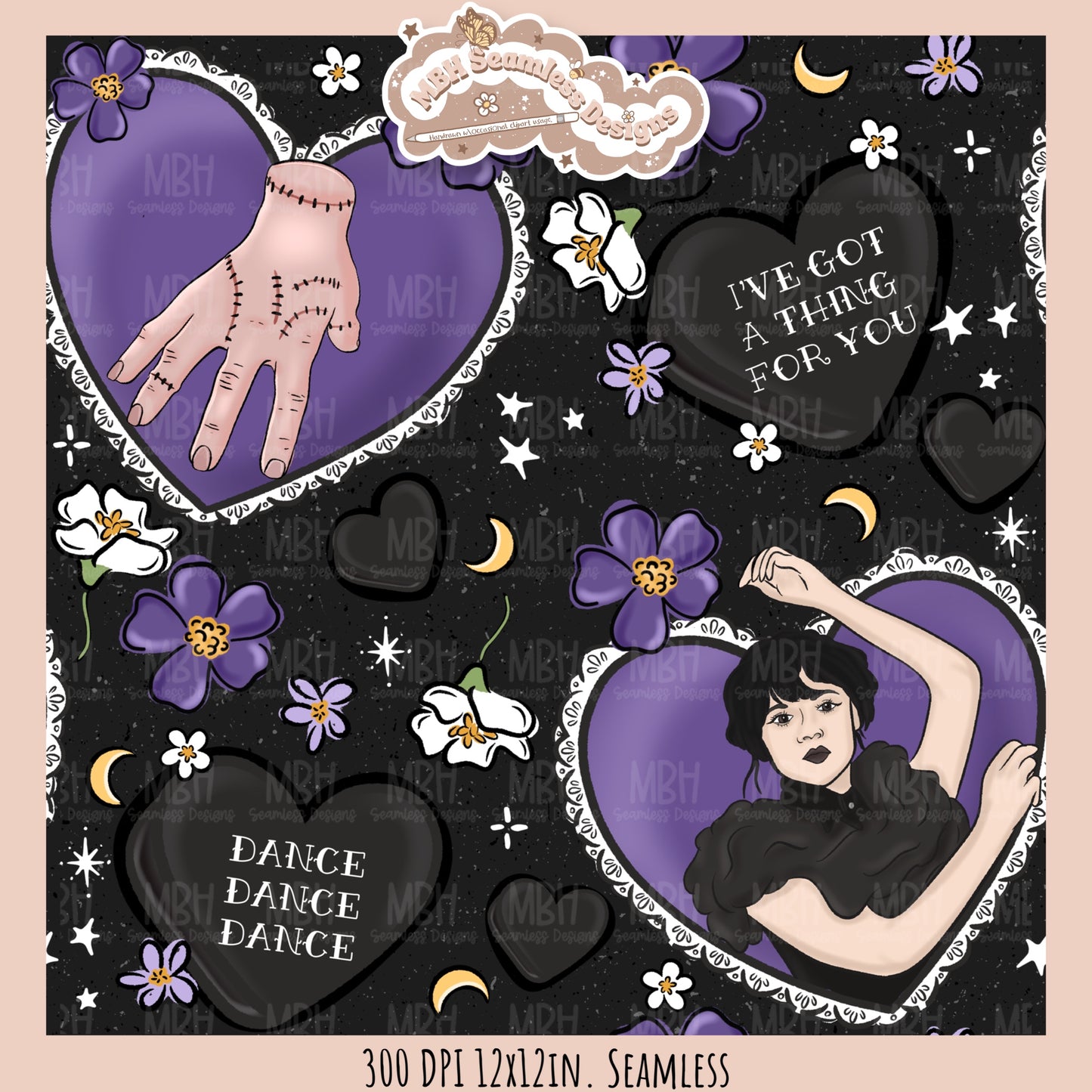 Wednesday Purple Tattoo Hearts Seamless Pattern // PNG // Assorted Colorways