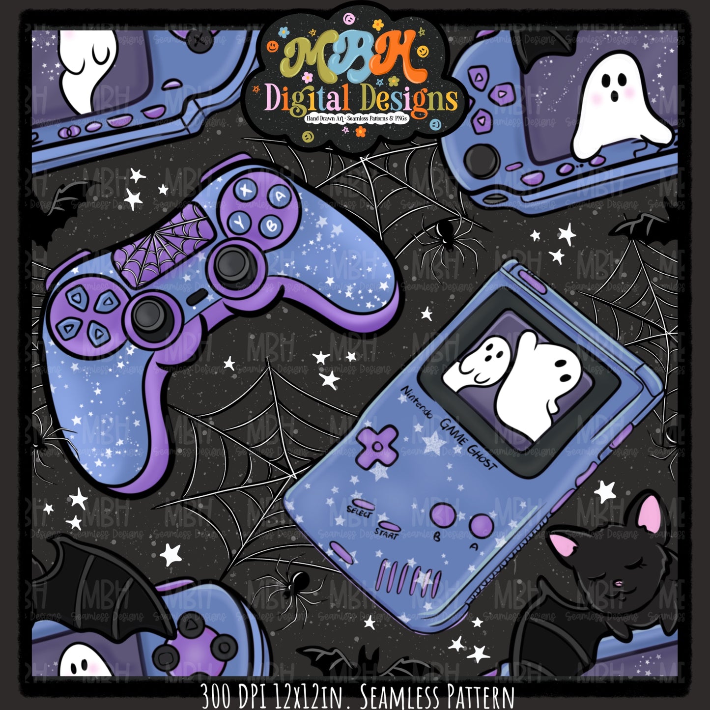 Web Spooky Gamer Seamless Pattern//MULTIPLE COLORWAYS