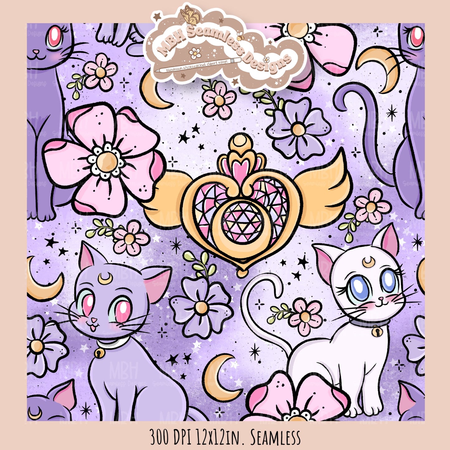 Sailor Moon Cats Seamless Pattern // PNG // MULTIPLE COLORWAY OPTIONS