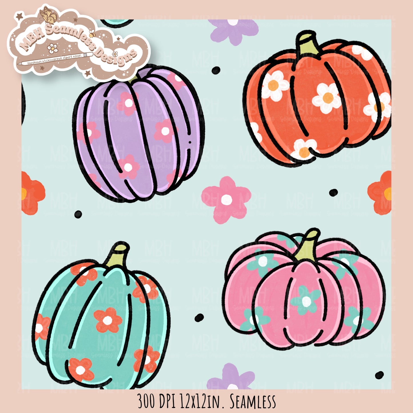 Daisy Pumpkins Seamless Pattern // Assorted Colorway Options