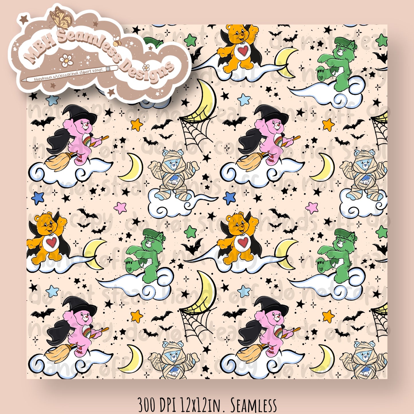 Spooky Care Bears Seamless Pattern & PNG MULTIPLE COLORWAYS