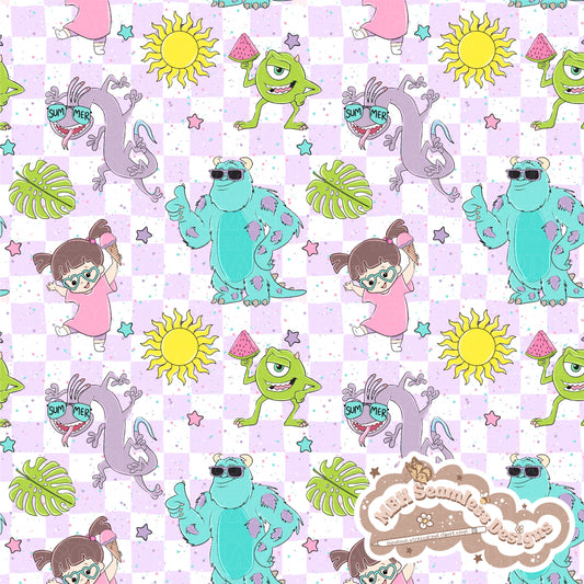 EXCLUSIVE (No Fabric Shops) Checkered Summer Monsters Inc. Seamless Pattern MULTIPLE COLORWAYS