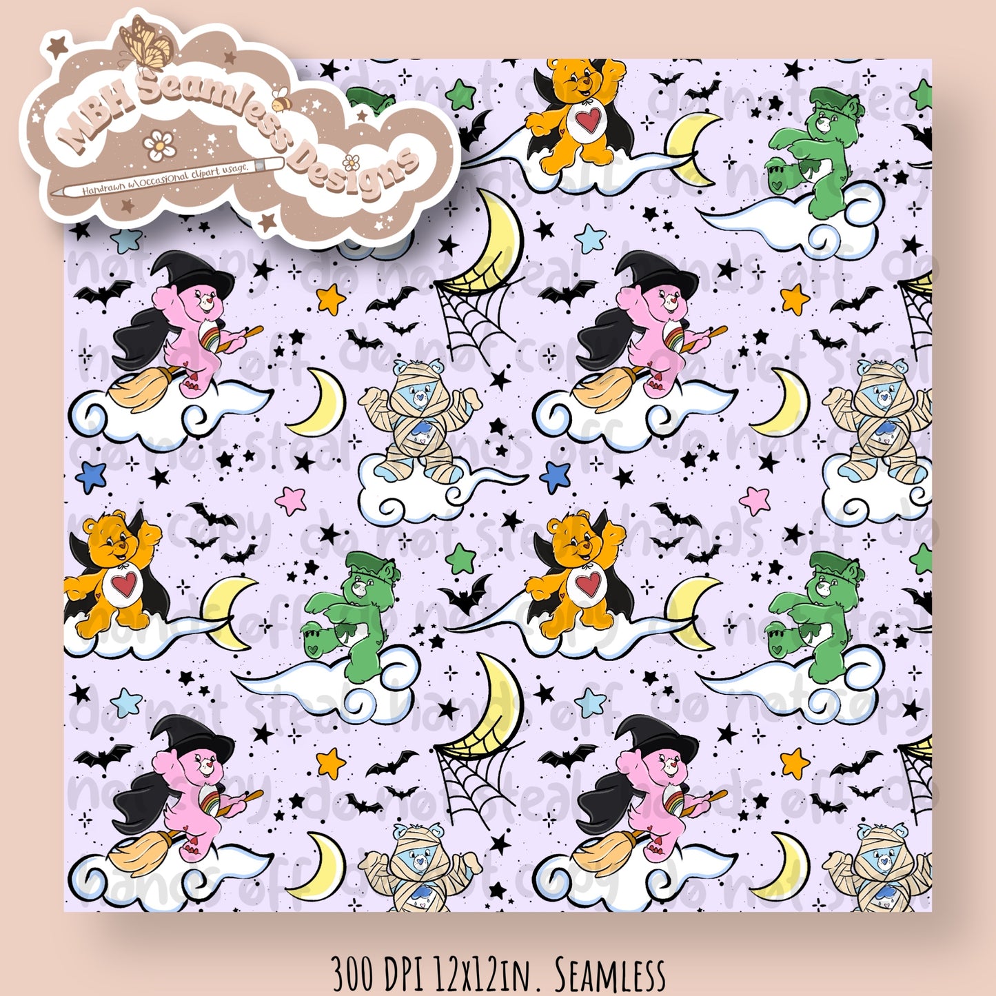 Spooky Care Bears Seamless Pattern & PNG MULTIPLE COLORWAYS