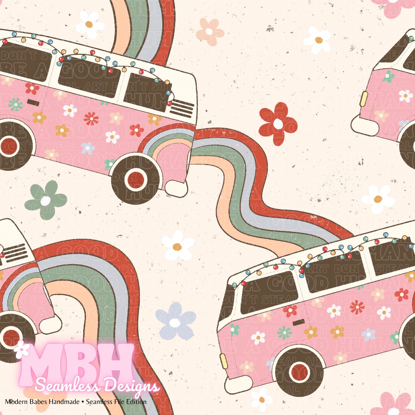 Holiday Hippie Bus Waves Seamless Pattern