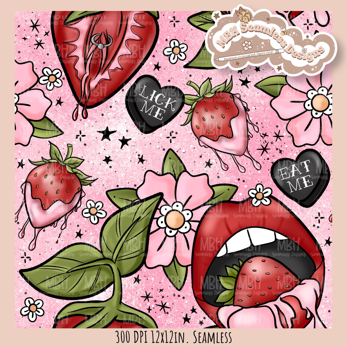 Dirty Tattoo Strawberries Seamless Pattern // PNG // ASSORTED COLORWAYS Seamless Pattern (Copy)