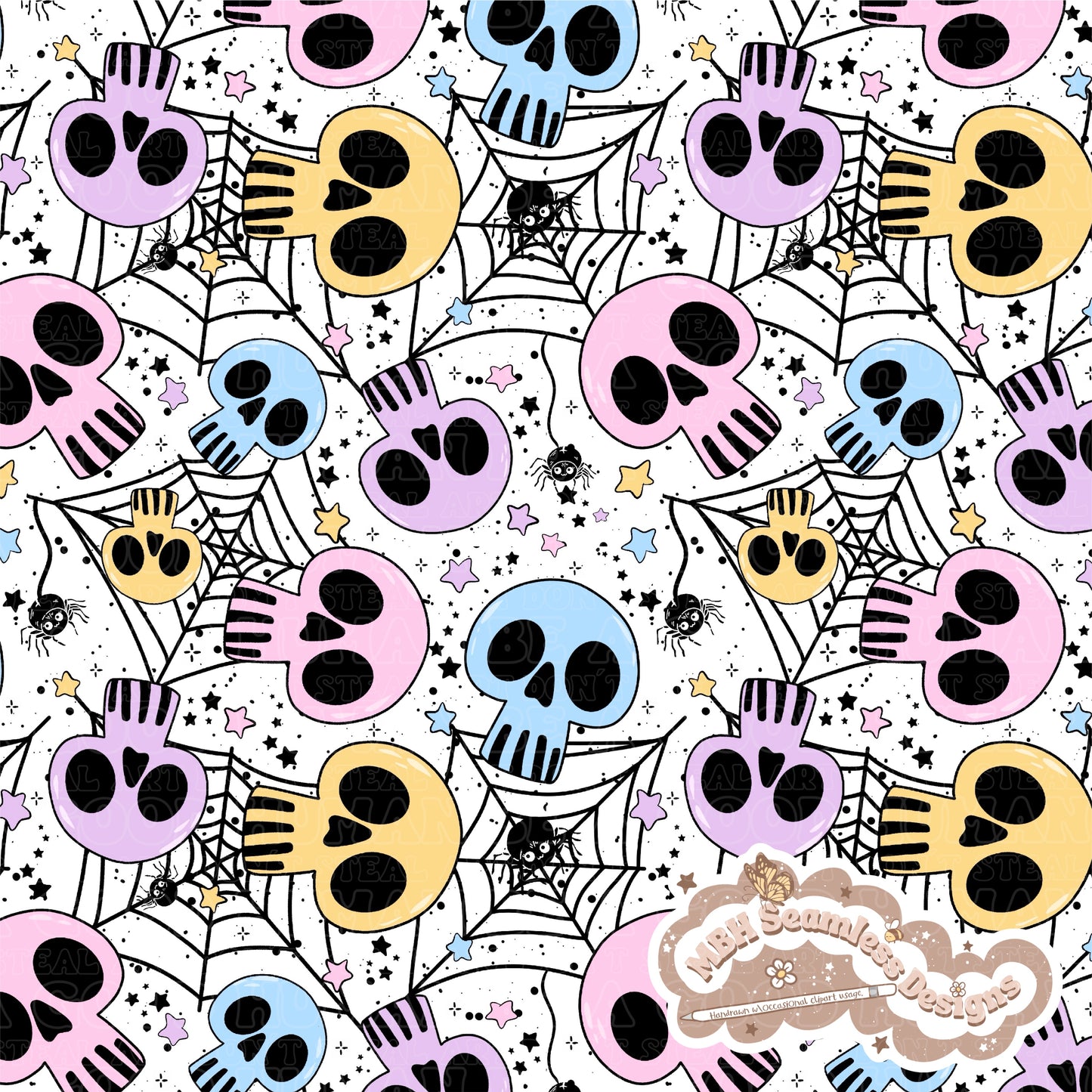 Pastel Spiderweb Skulls Seamless Pattern & COORDS MULTIPLE  COLORWAYS