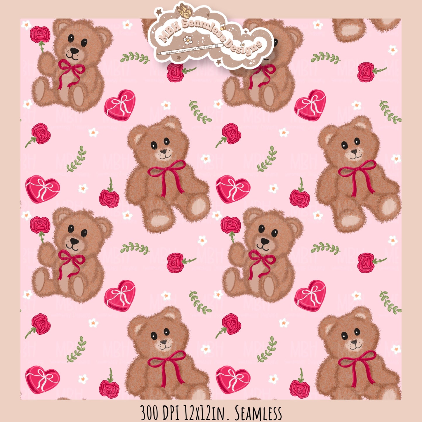 Teddy Bears & Roses Seamless Pattern // PNG // Assorted Colorways